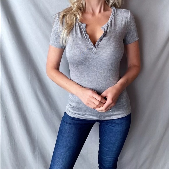 Short Sleeve Rayon Stretchy Button Henley Tee Top - Picture 2 of 4